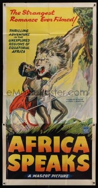 4w374 AFRICA SPEAKS 3sh R30s art of lion attacking native man, strangest romance ever filmed, rare!
