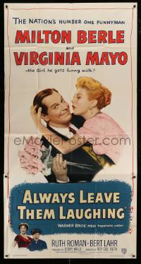 4w380 ALWAYS LEAVE THEM LAUGHING 3sh '49 great romantic image of Milton Berle & Virginia Mayo!