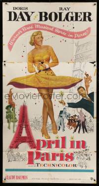 4w389 APRIL IN PARIS 3sh '53 pretty Doris Day and wacky Ray Bolger in France!