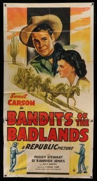 4w403 BANDITS OF THE BADLANDS 3sh '45 great art of cowboy Sunset Carson & pretty Peggy Stewart!
