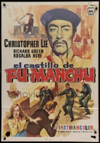 4y272 CASTLE OF FU MANCHU Spanish '72 cool art of Asian villain Christopher Lee, Jess Franco