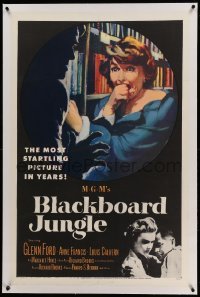 5a014 BLACKBOARD JUNGLE linen 1sh '55 Richard Brooks classic, art of terrified Margaret Hayes!