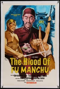 5a019 BLOOD OF FU MANCHU linen int'l 1sh '69 art of Asian villain Christopher Lee & girl tortured!