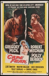 5a037 CAPE FEAR linen 1sh '62 Gregory Peck, Robert Mitchum, Polly Bergen, classic noir!