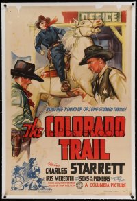 5a045 COLORADO TRAIL linen 1sh '38 great art of Charles Starrett on horse, song-studded thrills!