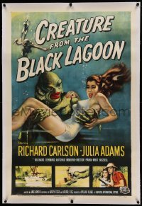 5a049 CREATURE FROM THE BLACK LAGOON linen 1sh '54 classic art of monster & Julie Adams underwater!