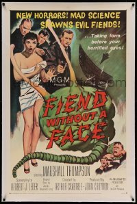 5a077 FIEND WITHOUT A FACE linen 1sh '58 giant brain & sexy girl in towel, mad science spawns evil!