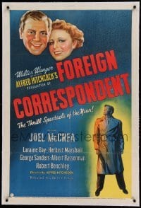 5a085 FOREIGN CORRESPONDENT linen 1sh '40 Alfred Hitchcock, Joel McCrea & Laraine Day in WWII, rare!