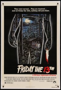 5a088 FRIDAY THE 13th linen 1sh '80 great Alex Ebel art, slasher classic, 24 hours of terror!