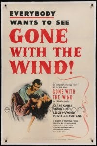5a100 GONE WITH THE WIND linen 1sh R47 romantic art of Clark Gable & Vivien Leigh, all-time classic!
