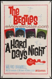 5a110 HARD DAY'S NIGHT linen 1sh '64 image of The Beatles in their 1st film, rock & roll classic!