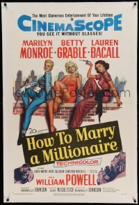 5a122 HOW TO MARRY A MILLIONAIRE linen 1sh '53 sexy Marilyn Monroe, Betty Grable & Lauren Bacall!