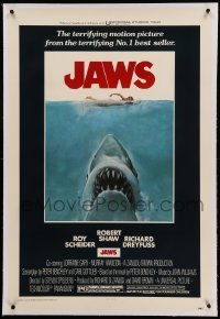 5a131 JAWS linen domestic 1sh '75 art of Spielberg's classic man-eating shark attacking swimmer!