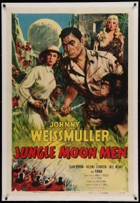 5a139 JUNGLE MOON MEN linen 1sh '55 Johnny Weissmuller as himself with Jean Byron & Kimba the chimp!