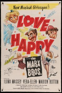 5a150 LOVE HAPPY linen 1sh '49 great art of The Marx Brothers & sexy girls, but no Marilyn Monroe!