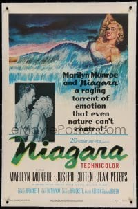 5a177 NIAGARA linen 1sh '53 classic art of giant sexy Marilyn Monroe on famous waterfall + photo!