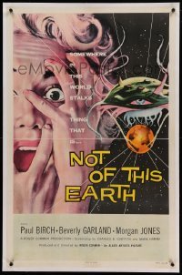 5a181 NOT OF THIS EARTH linen 1sh '57 classic close up art of screaming girl & alien monster!