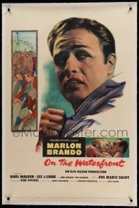 5a183 ON THE WATERFRONT linen 1sh '54 directed by Elia Kazan, classic close up of Marlon Brando!