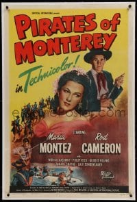 5a192 PIRATES OF MONTEREY linen 1sh '47 great art of sexy Maria Montez & Rod Cameron with gun!