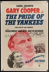 5a199 PRIDE OF THE YANKEES linen 1sh '42 Gary Cooper as baseball legend Lou Gehrig, Wright, rare!