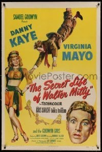5a236 SECRET LIFE OF WALTER MITTY linen 1sh '47 Danny Kaye & Virginia Mayo in Thurber's story!