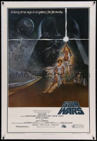 5a254 STAR WARS linen style A first printing 1sh '77 George Lucas classic, Tom Jung art, PG rating!