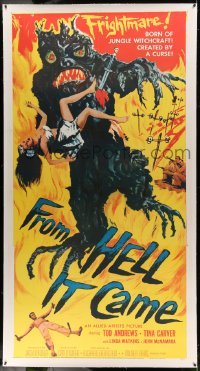 5b040 FROM HELL IT CAME linen 3sh '57 classic artwork of wacky tree monster holding sexy girl!