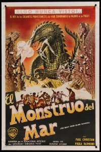5b108 BEAST FROM 20,000 FATHOMS linen Argentinean '53 Ray Bradbury, art of monster destroying city!
