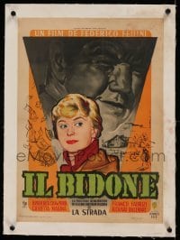 5b156 IL BIDONE linen French 16x22 '56 Fellini, Thos art of Crawford & Giulietta Masina, rare!