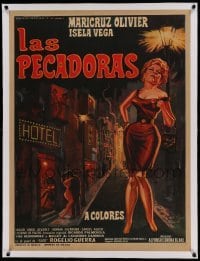 5b119 LAS PECADORAS linen Mexican poster '68 great art of sexy prostitute in the red light district!
