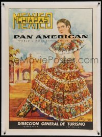 5b171 PAN AMERICAN CHIAPAS MEXICO linen 28x38 Mexican travel poster '52 Florez art of pretty woman!