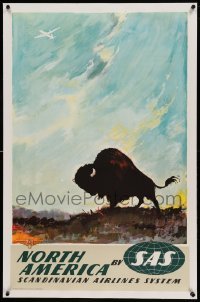 5b175 SAS NORTH AMERICA linen 25x39 Danish travel poster '50s Otto Nielson art of bison on prairie!