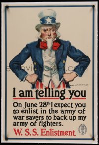 5b160 I AM TELLING YOU linen 20x30 WWI war poster '18 James Montgomery Flagg art of Uncle Sam!