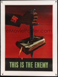 5b161 THIS IS THE ENEMY linen 29x40 WWII war poster '43 classic swastika/bayonet/Bible art by Marks!