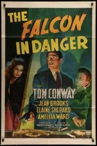 5c028 FALCON IN DANGER 1sh '43 art of detective Tom Conway between Jean Brooks & Elaine Shepard!