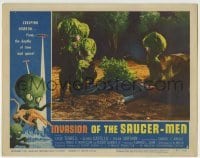 5c140 INVASION OF THE SAUCER MEN LC #3 '57 cabbage head aliens surround unconscious man on ground!