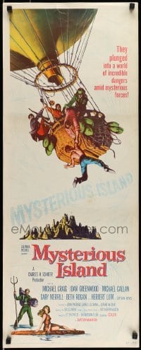 5d160 MYSTERIOUS ISLAND insert '61 Ray Harryhausen, Jules Verne sci-fi, cool hot-air balloon art!