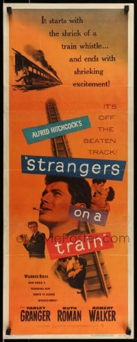 5d131 STRANGERS ON A TRAIN insert '51 Farley Granger & Robert Walker double murder pact, Hitchcock