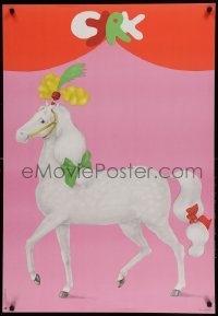 5d240 CYRK Polish 26x38 '75 Maciej Urbaniec art of white horse wearing ribbons & headdress!