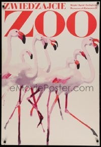 5d252 ZWIEDZAJCIE ZOO Polish 26x38 '67 great Waldemar Swierzy art of pink flamingos!