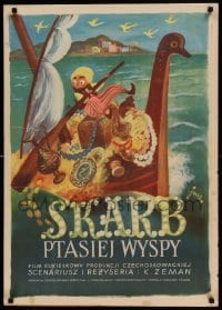5d274 TREASURE OF BIRD ISLAND Polish 24x34 '53 Szancer art of man with too much loot in his boat!