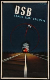 5d185 DSB 24x39 Danish travel poster '37 Aage Rasmussen art of train on tracks, English language!