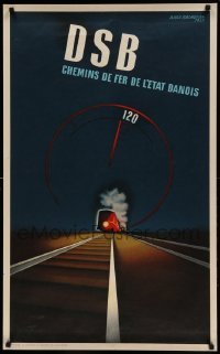 5d186 DSB 24x39 Danish travel poster '37 Aage Rasmussen art of train on tracks, French language!