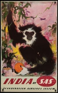 5d190 SAS INDIA 24x39 Danish travel poster 1950s Otto Nielson art of monkey with fruit!