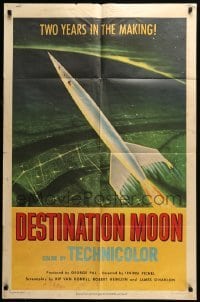 5f346 DESTINATION MOON 1sh '50 Robert A. Heinlein, cool artwork of rocket flying into space!