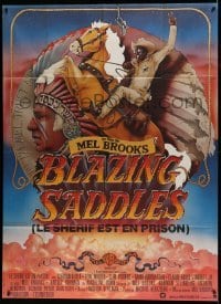5k626 BLAZING SADDLES French 1p '75 classic Mel Brooks western, art of Cleavon Little on horse!