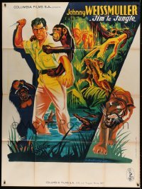 5k772 JUNGLE JIM French 1p '50s art of Johnny Weissmuller & chimp by Constantine Belinsky!