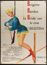 5k840 ONLY FOR LOVE French 1p '63 best Hurel art of sexy Brigitte Bardot with rifle & skis!