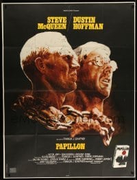 5k850 PAPILLON French 1p '74 great Tom Jung art of prisoners Steve McQueen & Dustin Hoffman!!