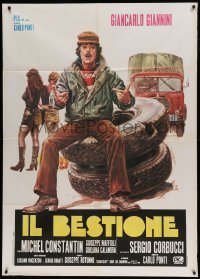 5k321 BEAST Italian 1p '74 Sergio Corbucci, art of Giancarlo Giannini sitting on big tires!